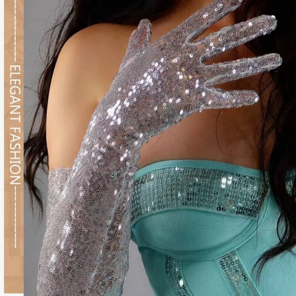 1 Pair Women's Long Silver Sparkly Sequin Finger Separate Long Gloves,